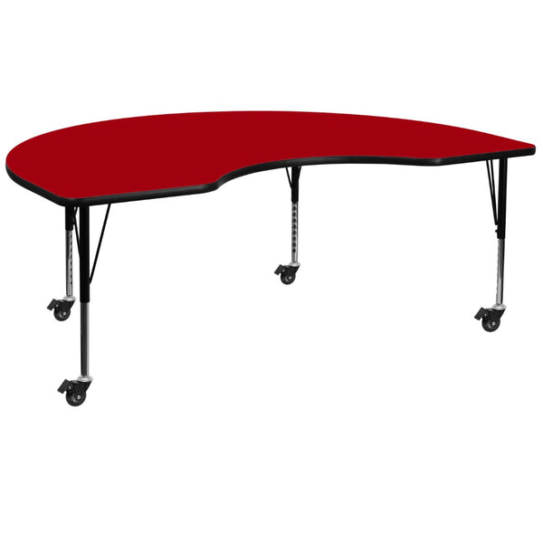 English Elm Wren Mobile Kidney-Shaped Activity Table for Classroom Use - Height Adjustable, Durable Design Red 48"W x 96"L Kidney XU-A4896-KIDNY-RED-T-P-CAS-GG