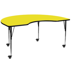 English Elm Wren Mobile Kidney Activity Table for Collaborative Learning - Durable, Adjustable, and Versatile Design Yellow 48"W x 96"L Kidney XU-A4896-KIDNY-YEL-H-A-CAS-GG