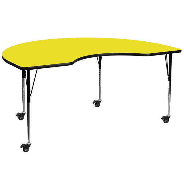 English Elm Wren Mobile Kidney Activity Table for Collaborative Learning - Durable, Adjustable, and Versatile Design Yellow 48"W x 96"L Kidney XU-A4896-KIDNY-YEL-H-A-CAS-GG