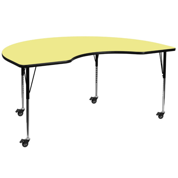 English Elm Wren Mobile Kidney-Shaped Activity Table with Height-Adjustable Legs for Collaborative Spaces Yellow 48"W x 96"L Kidney XU-A4896-KIDNY-YEL-T-A-CAS-GG