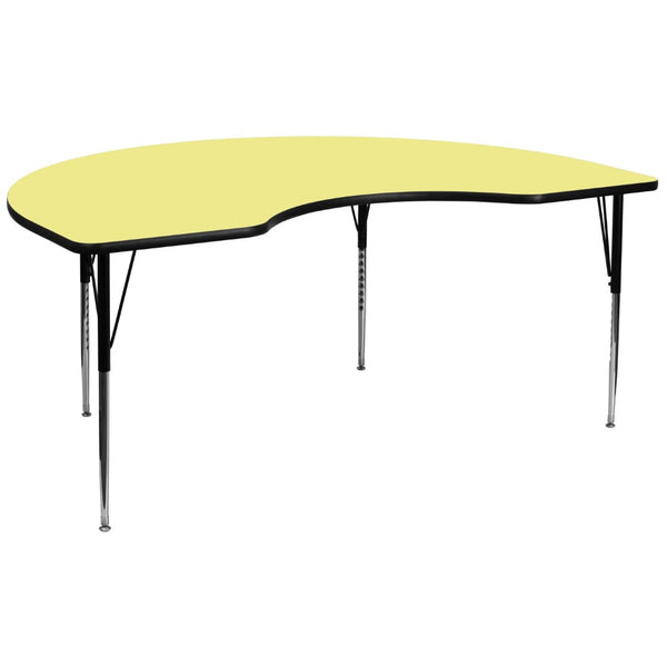 English Elm Wren Kidney-Shaped Activity Table with Durable Thermal Laminate Surface and Adjustable Steel Legs Yellow 48"W x 96"L Kidney XU-A4896-KIDNY-YEL-T-A-GG