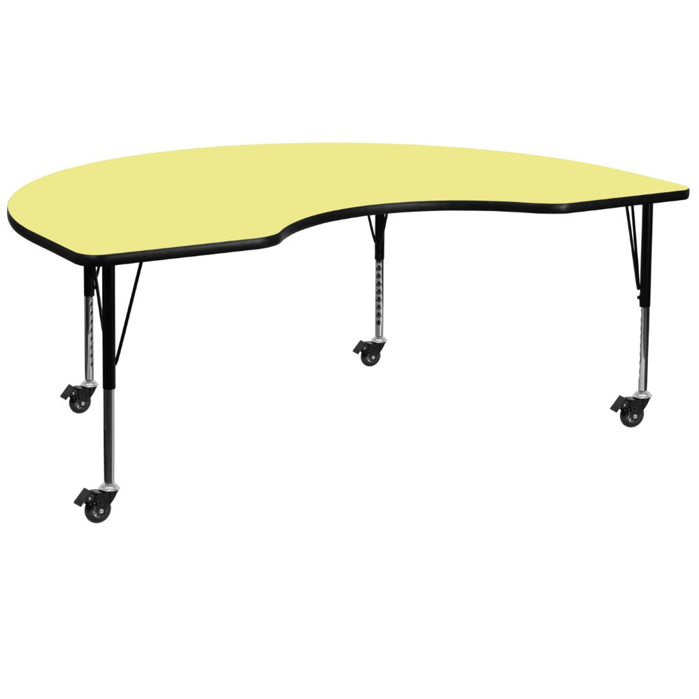 English Elm Wren Mobile Kidney-Shaped Activity Table for Classroom Use - Height Adjustable, Durable Design Yellow 48"W x 96"L Kidney XU-A4896-KIDNY-YEL-T-P-CAS-GG