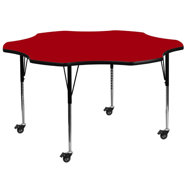 English Elm Wren Mobile Activity Table with Adjustable Legs for Collaborative Learning and Versatile Use Red 60" Flower XU-A60-FLR-RED-T-A-CAS-GG