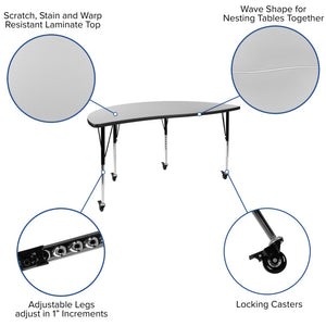 English Elm Wren Mobile Collaborative Activity Table with Wave Design for Dynamic Learning & Meeting Spaces Grey 60"L Half Circle XU-A60-HCIRC-GY-T-A-CAS-GG