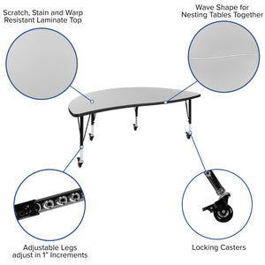English Elm Wren Mobile Half-Circle Wave Activity Table for Collaborative Learning – Durable & Adjustable Design Grey 60"L Half Circle XU-A60-HCIRC-GY-T-P-CAS-GG
