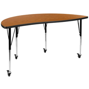 English Elm Wren Mobile Collaborative Activity Table with Wave Design for Dynamic Learning & Meeting Spaces Oak 60"L Half Circle XU-A60-HCIRC-OAK-T-A-CAS-GG