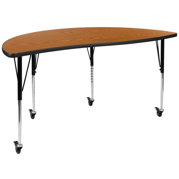 English Elm Wren Mobile Collaborative Activity Table with Wave Design for Dynamic Learning & Meeting Spaces Oak 60"L Half Circle XU-A60-HCIRC-OAK-T-A-CAS-GG