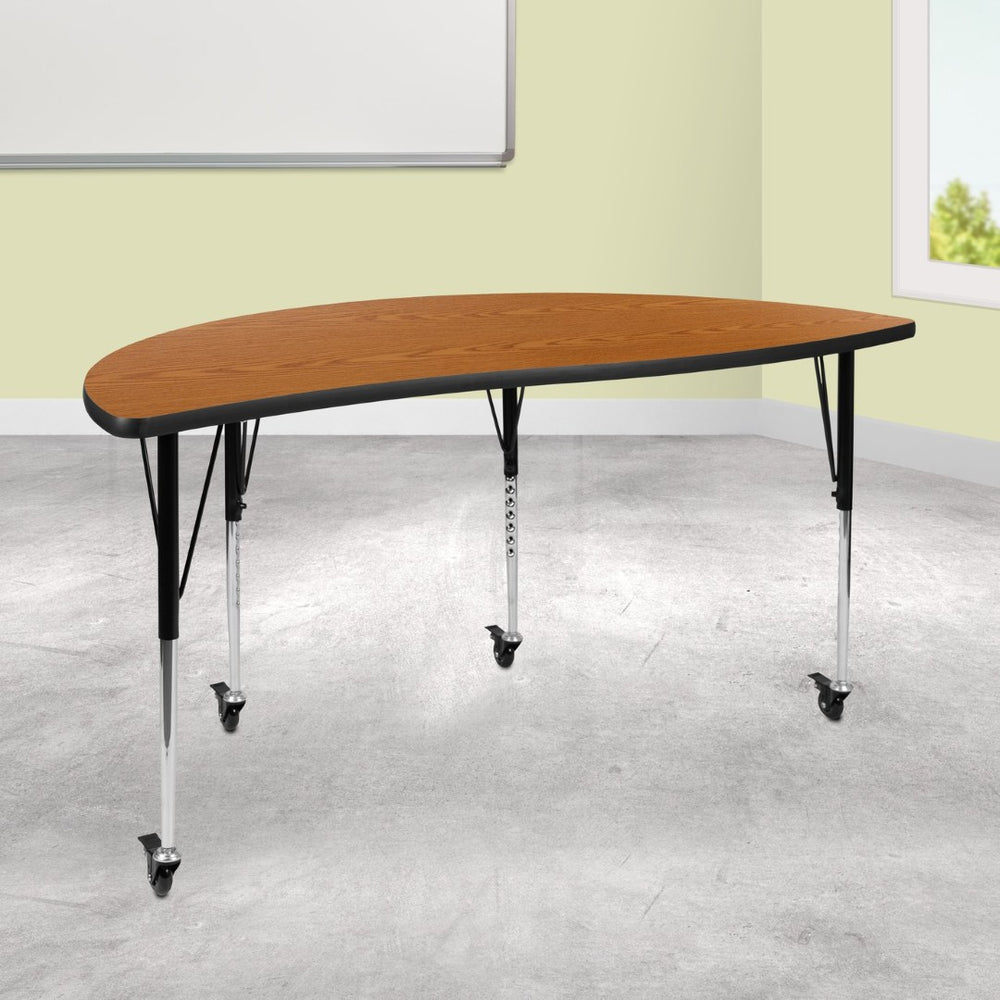 English Elm Wren Mobile Collaborative Activity Table with Wave Design for Dynamic Learning & Meeting Spaces Oak 60"L Half Circle XU-A60-HCIRC-OAK-T-A-CAS-GG