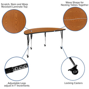 English Elm Wren Mobile Collaborative Activity Table with Wave Design for Dynamic Learning & Meeting Spaces Oak 60"L Half Circle XU-A60-HCIRC-OAK-T-A-CAS-GG