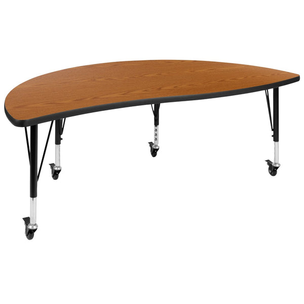 English Elm Wren Mobile Half-Circle Wave Activity Table for Collaborative Learning – Durable & Adjustable Design Oak 60"L Half Circle XU-A60-HCIRC-OAK-T-P-CAS-GG