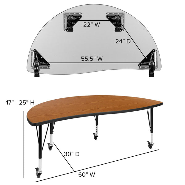 English Elm Wren Mobile Half-Circle Wave Activity Table for Collaborative Learning – Durable & Adjustable Design Oak 60"L Half Circle XU-A60-HCIRC-OAK-T-P-CAS-GG