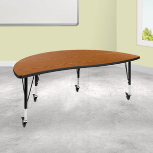 English Elm Wren Mobile Half-Circle Wave Activity Table for Collaborative Learning – Durable & Adjustable Design Oak 60"L Half Circle XU-A60-HCIRC-OAK-T-P-CAS-GG