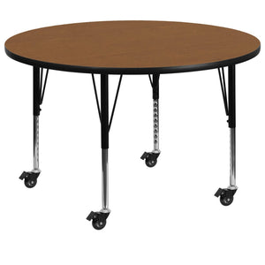 English Elm Wren Mobile Activity Table for Collaborative Learning - Durable, Adjustable Height with Locking Casters Oak 60" Round XU-A60-RND-OAK-T-P-CAS-GG