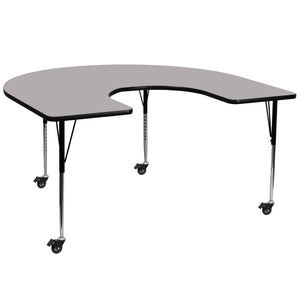 English Elm Wren Horseshoe-Shaped Activity Table for Collaborative Spaces with Adjustable Height and Mobility Gray 60"W x 66"L Horseshoe XU-A6066-HRSE-GY-T-A-CAS-GG