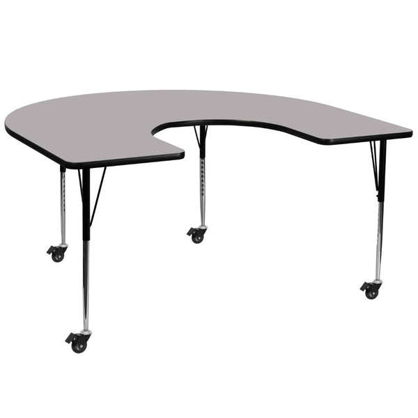 English Elm Wren Horseshoe-Shaped Activity Table for Collaborative Spaces with Adjustable Height and Mobility Gray 60"W x 66"L Horseshoe XU-A6066-HRSE-GY-T-A-CAS-GG