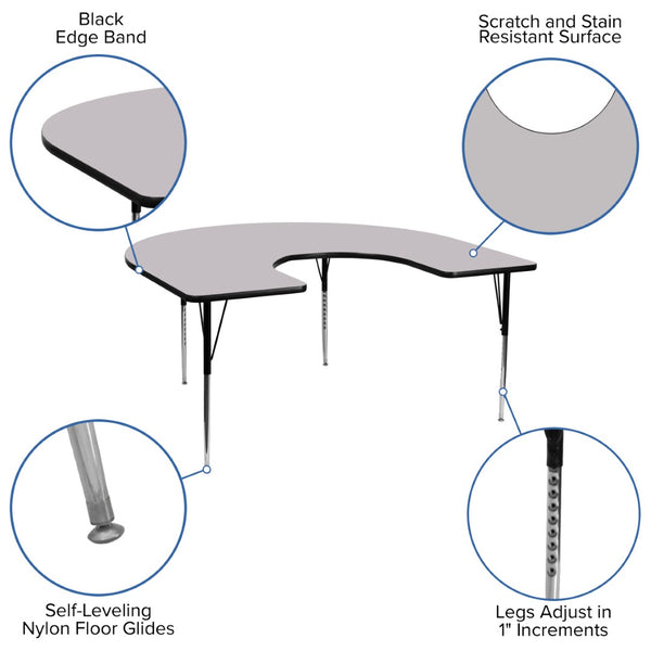 English Elm Wren Horseshoe Activity Table for Collaborative Learning - Durable, Height Adjustable & Versatile Gray 60"W x 66"L Horseshoe XU-A6066-HRSE-GY-T-A-GG