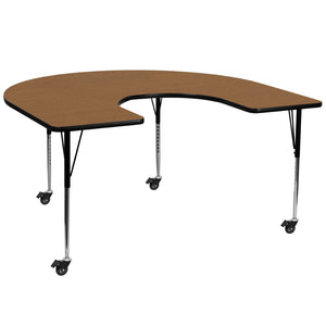 English Elm Wren Horseshoe-Shaped Activity Table for Collaborative Spaces with Adjustable Height and Mobility Oak 60"W x 66"L Horseshoe XU-A6066-HRSE-OAK-T-A-CAS-GG