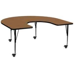 English Elm Wren Horseshoe Activity Table for Classrooms - Durable, Height Adjustable, Collaborative Learning Space Oak 60"W x 66"L Horseshoe XU-A6066-HRSE-OAK-T-P-CAS-GG