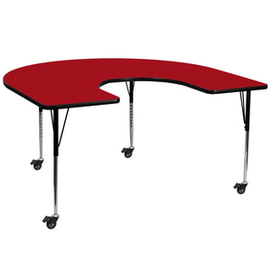 English Elm Wren Horseshoe-Shaped Activity Table for Collaborative Spaces with Adjustable Height and Mobility Red 60"W x 66"L Horseshoe XU-A6066-HRSE-RED-T-A-CAS-GG