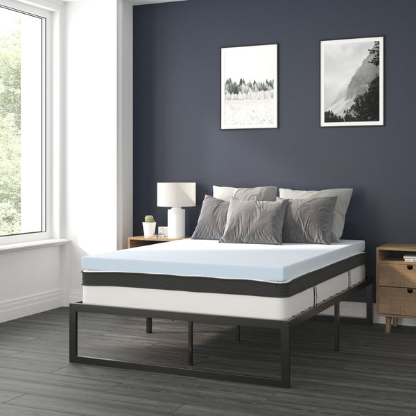 English Elm Leo 14 Inch Metal Platform Bed Frame with Pocket Spring Mattress & Cooling Gel Memory Foam Topper Black Full XU-BD10-10PSM3M35-F-GG