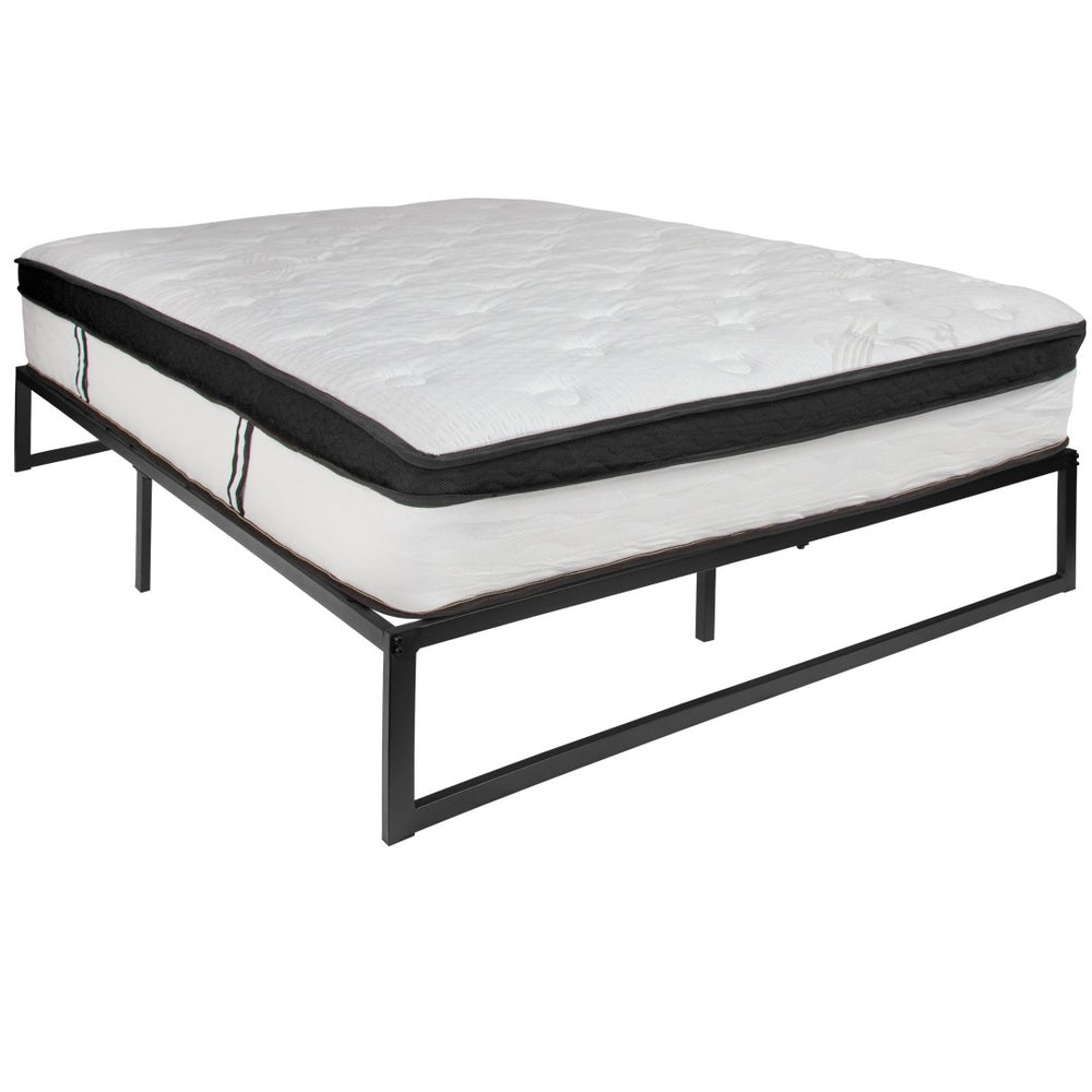 English Elm Louis 14 Inch Metal Platform Bed Frame with Memory Foam Pocket Spring Mattress - Complete Set for Comfort Black Queen XU-BD10001-12MFM-Q-GG