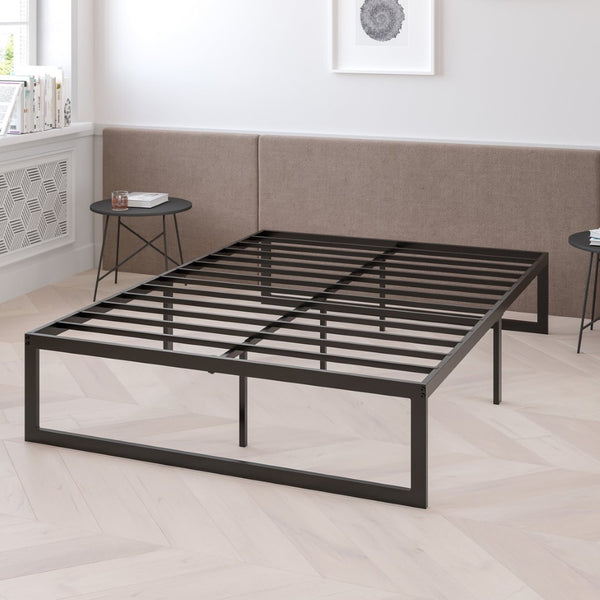 English Elm Louis 14 Inch Metal Platform Bed Frame with Memory Foam Pocket Spring Mattress - Complete Set for Comfort Black Queen XU-BD10001-12MFM-Q-GG