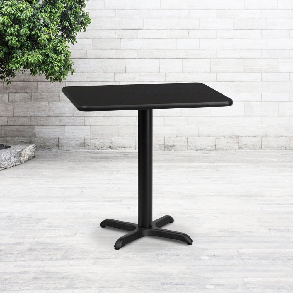 English Elm Stiles 24'' x 30'' Black Laminate Table Top with Heavy-Duty X-Base for Dining & Hospitality Spaces XU-BLKTB-2430-T2222-GG
