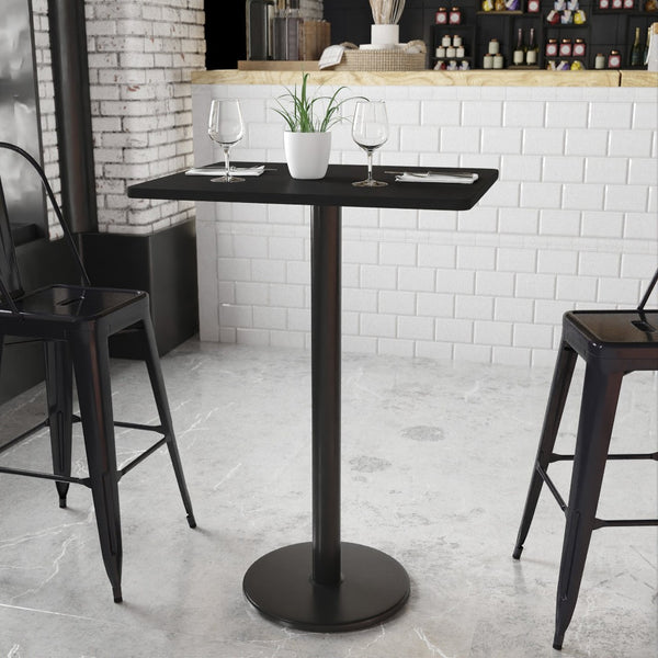English Elm Stiles Commercial-Grade Rectangular Laminate Table Top with Durable Bar Height Cast Iron Base Set Black 24"W x 30"L XU-BLKTB-2430-TR18B-GG