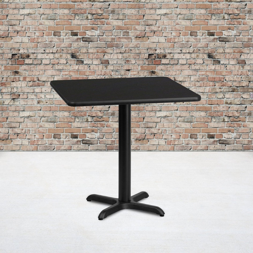 English Elm Stiles 30'' Square Black Laminate Table Top with Versatile Base for Dining and Hospitality Spaces XU-BLKTB-3030-T2222-GG