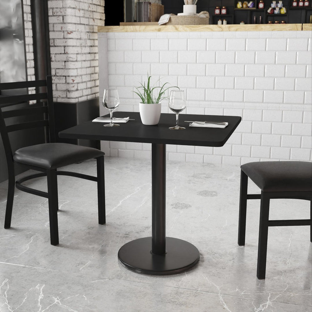 English Elm Stiles 30" Square Black Laminate Table Top with Versatile Cast Iron Base for Dining & Hospitality XU-BLKTB-3030-TR18-GG