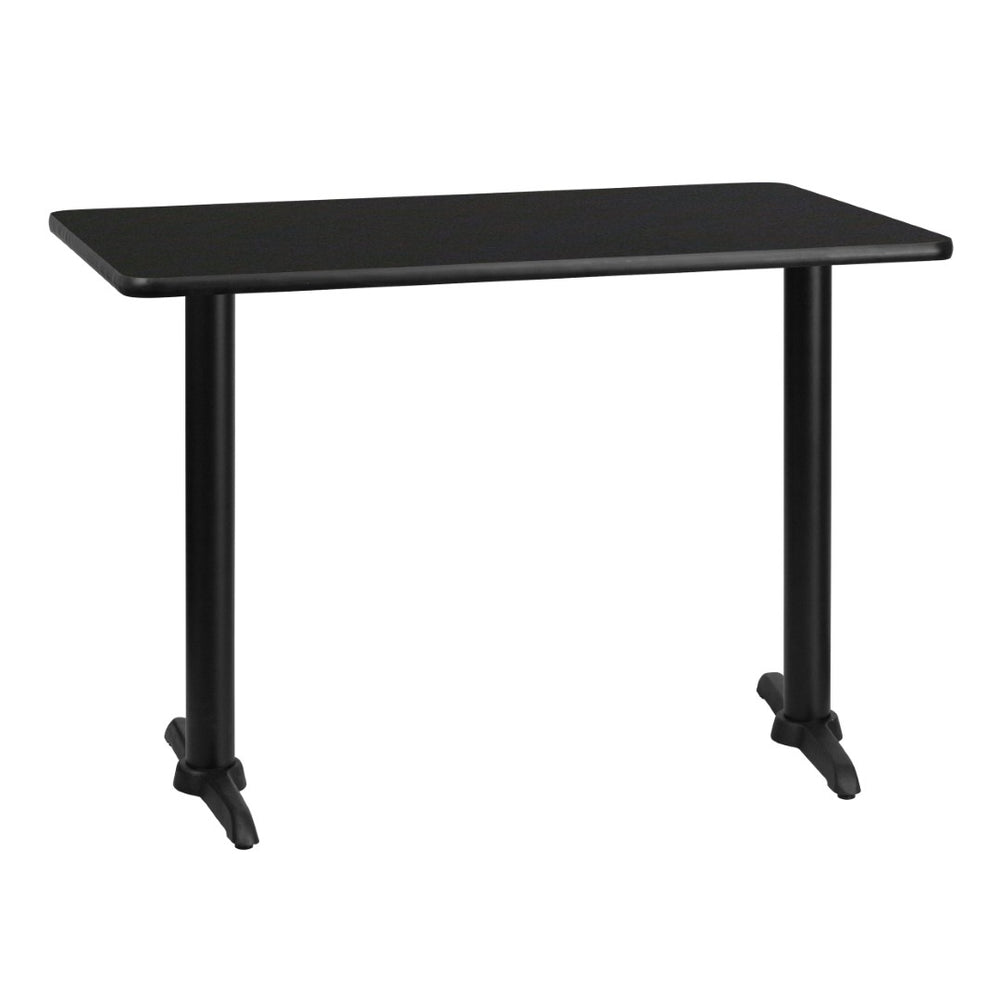 English Elm Stiles 30'' x 42'' Black Laminate Table Top with Heavy-Duty T-Bases for Dining & Hospitality Use XU-BLKTB-3042-T0522-GG