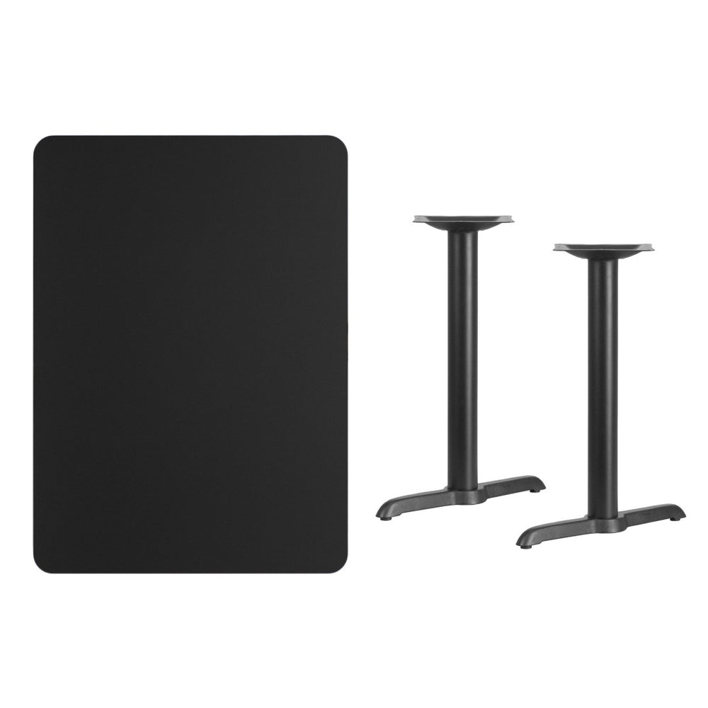 English Elm Stiles 30'' x 42'' Black Laminate Table Top with Heavy-Duty T-Bases for Dining & Hospitality Use XU-BLKTB-3042-T0522-GG