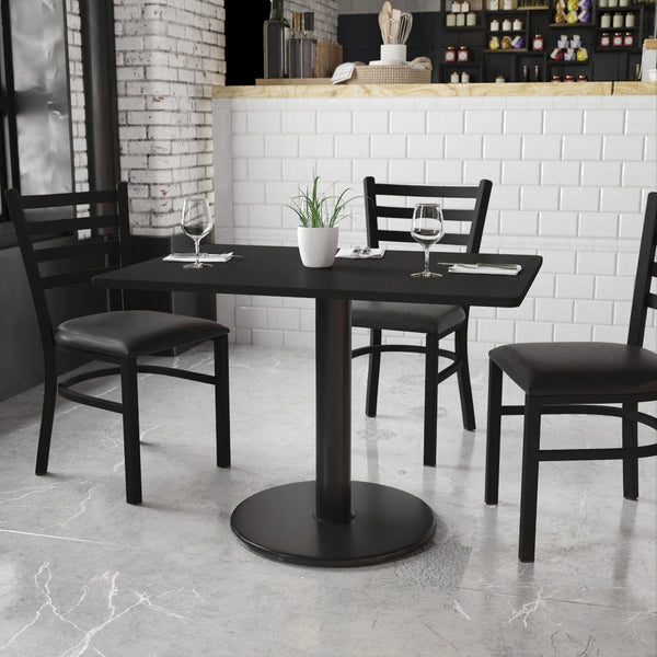 English Elm Stiles 30'' x 42'' Black Laminate Table Top with 24'' Round Base - Modern, Durable, Versatile Design XU-BLKTB-3042-TR24-GG