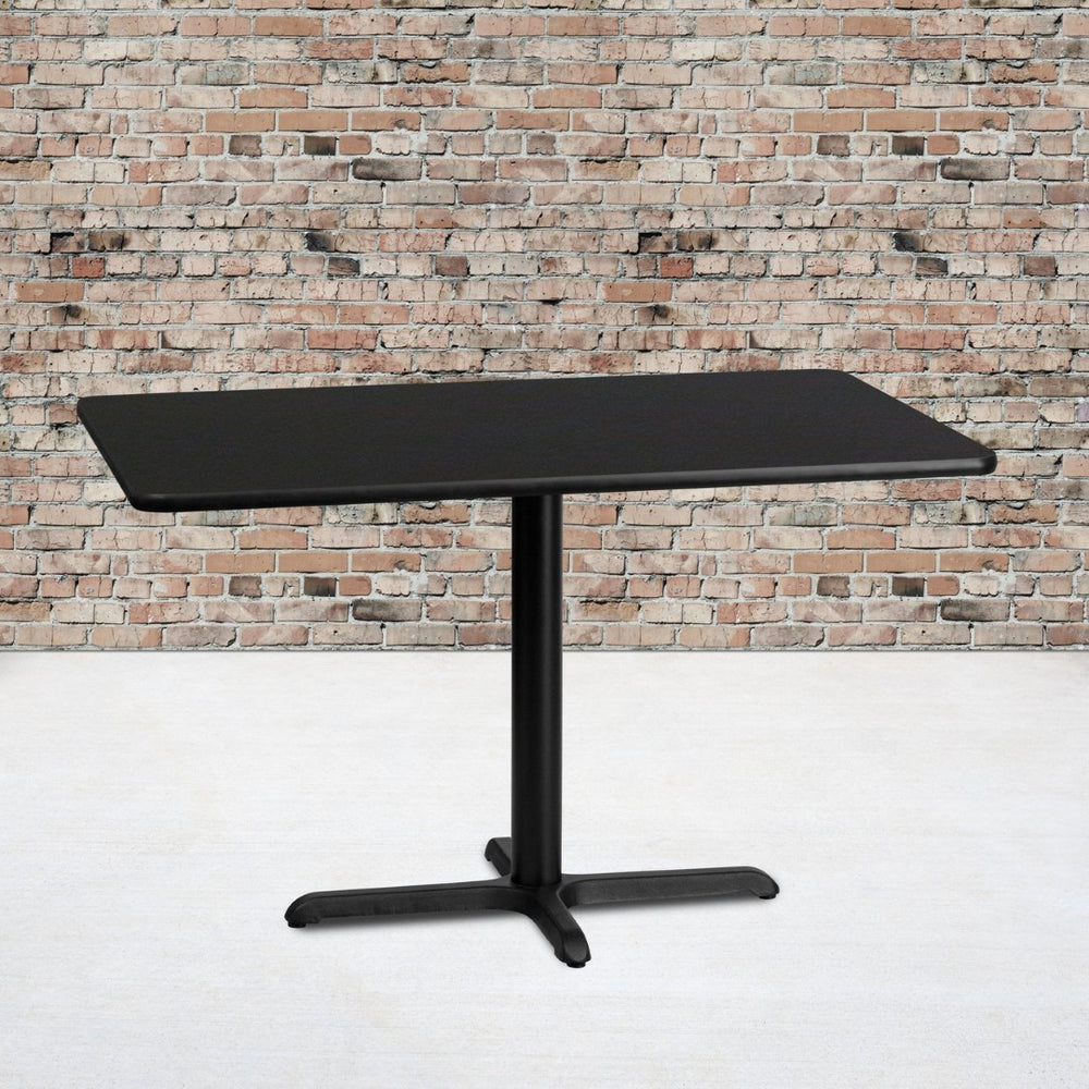 English Elm Stiles 30'' x 48'' Versatile Black Laminate Table Top with Sturdy Cast Iron Base for Hospitality Use XU-BLKTB-3048-T2230-GG