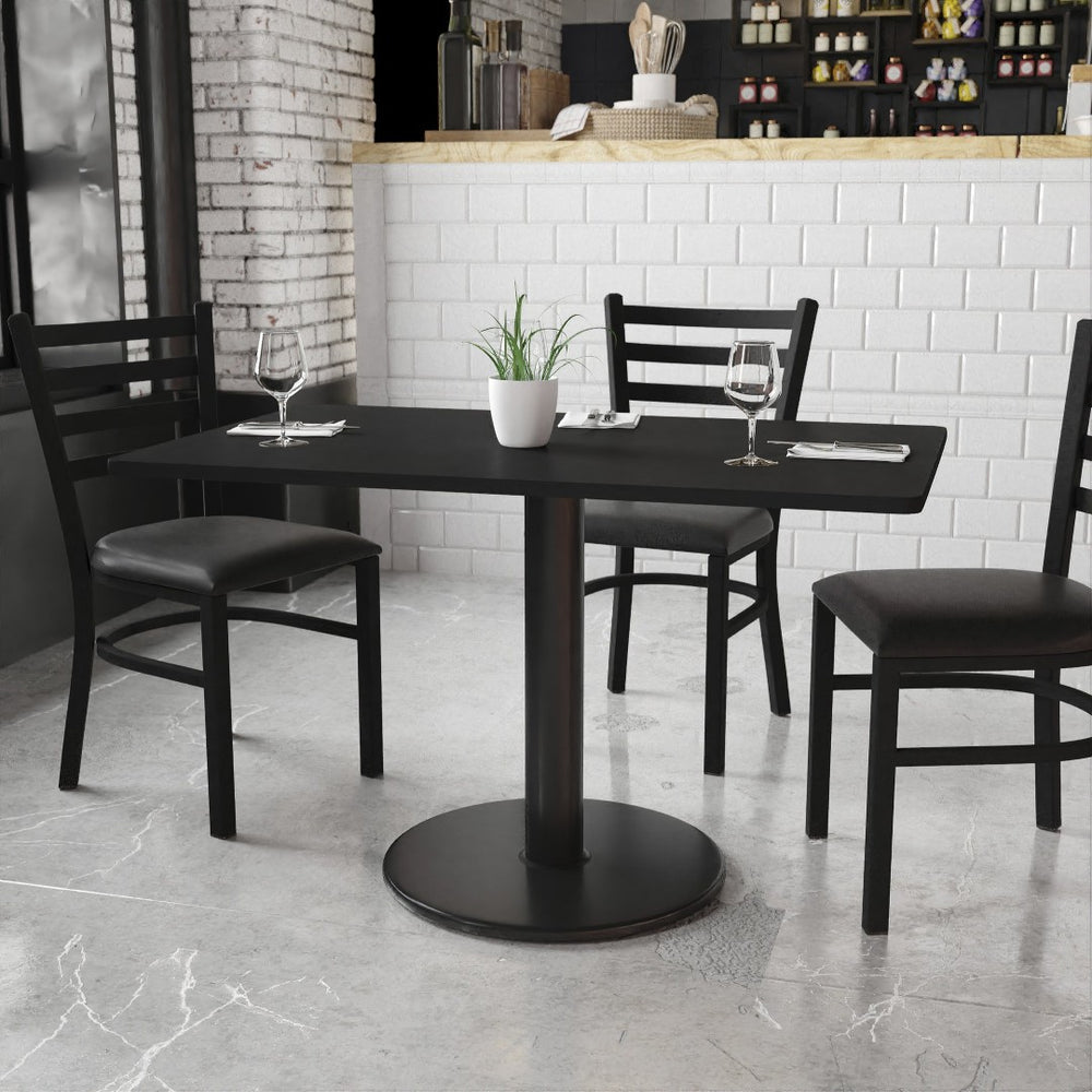 English Elm Stiles 30'' x 48'' Black Laminate Table with 24'' Round Base - Durable, Versatile, Easy-Clean Design XU-BLKTB-3048-TR24-GG