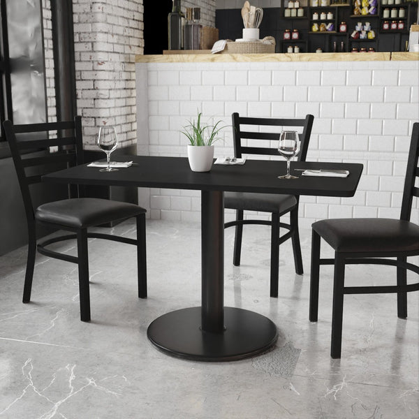 English Elm Stiles 30'' x 48'' Black Laminate Table with 24'' Round Base - Durable, Versatile, Easy-Clean Design XU-BLKTB-3048-TR24-GG