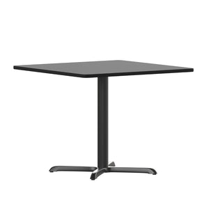 English Elm Stiles 36'' Square Black Laminate Table Top with Heavy-Duty X-Base for Modern Dining Spaces XU-BLKTB-3636-T3030-GG