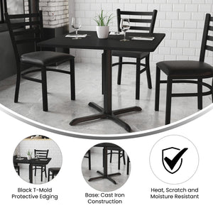 English Elm Carlton Stylish Banquet Table Set with Durable X-Base and Four Comfortable Ladder Back Chairs Black Top/Black Vinyl Seat 36" Square HDBF1013-GG