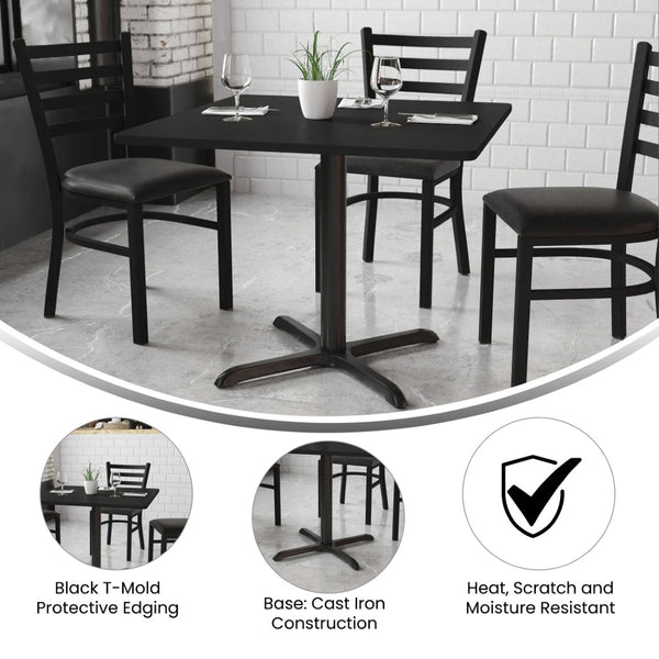 English Elm Carlton Stylish Banquet Table Set with Durable X-Base and Four Comfortable Ladder Back Chairs Black Top/Black Vinyl Seat 36" Square HDBF1013-GG