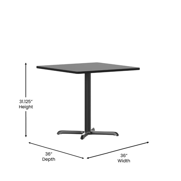 English Elm Stiles 36'' Square Black Laminate Table Top with Heavy-Duty X-Base for Modern Dining Spaces XU-BLKTB-3636-T3030-GG