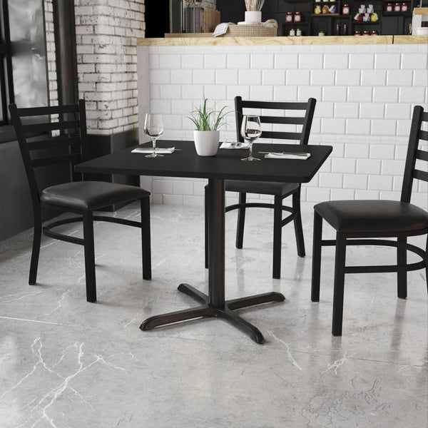 English Elm Stiles 36'' Square Black Laminate Table Top with Heavy-Duty X-Base for Modern Dining Spaces XU-BLKTB-3636-T3030-GG