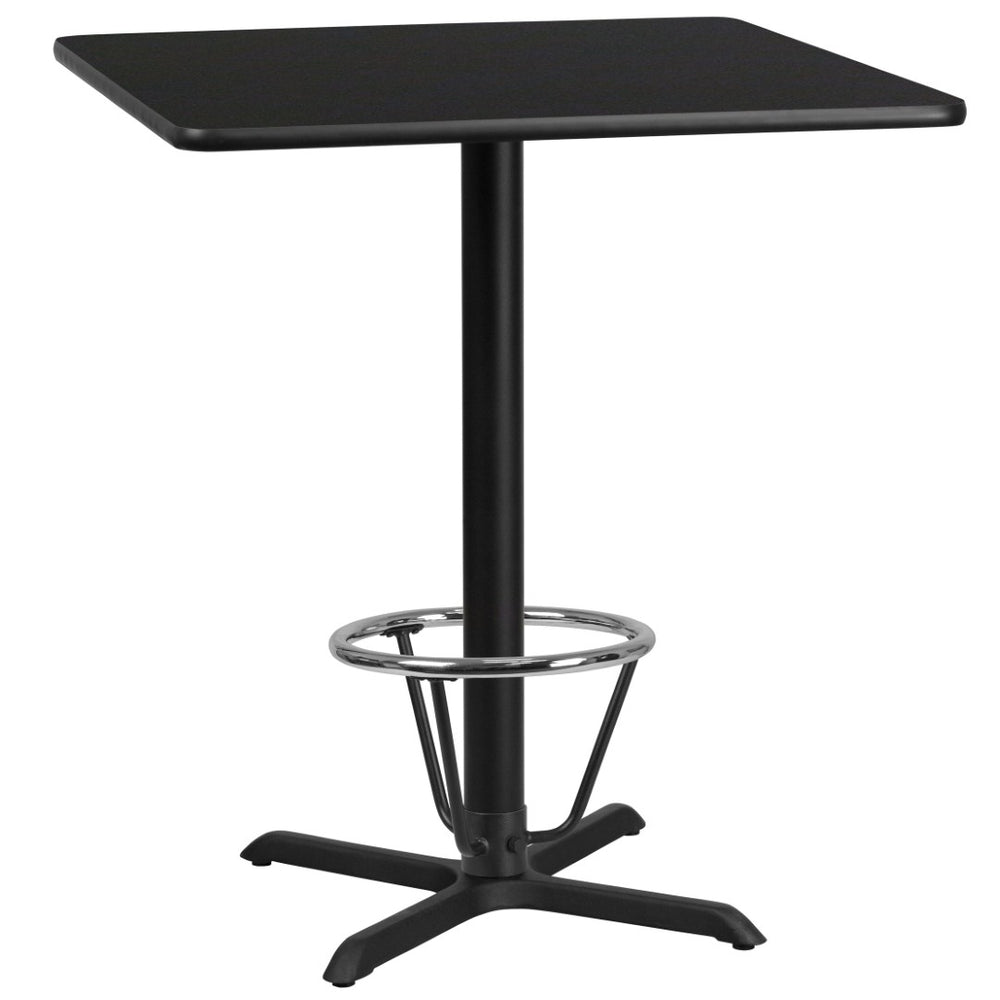 English Elm Stiles Commercial-Grade Laminate Bar Height Table Set with Durable X-Base and Foot Ring for Dining Walnut 36" Square XU-WALTB-3636-T3030B-3CFR-GG