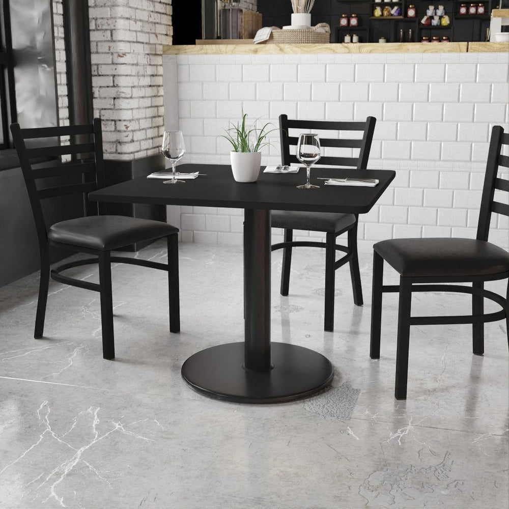 English Elm Stiles 36'' Square Black Laminate Table Top with Durable Base - Perfect for Restaurants & Home Use! XU-BLKTB-3636-TR24-GG