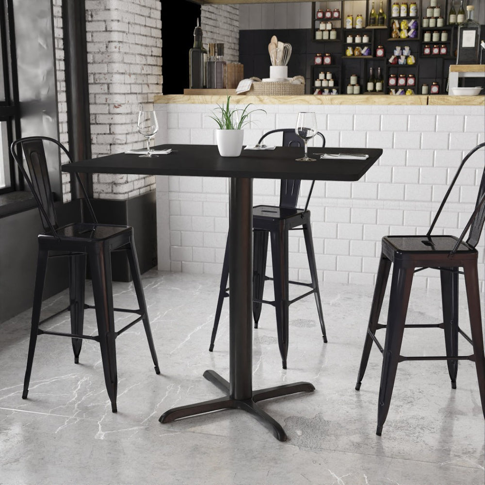 English Elm Stiles Commercial-Grade Bar Height Table Set with Reversible Laminate Top for Hospitality Spaces Black 42" Square XU-BLKTB-4242-T3333B-GG