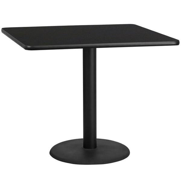 English Elm Stiles 42" Square Black Laminate Table Top with Durable Cast Iron Base for Dining & Hospitality Spaces XU-BLKTB-4242-TR24-GG