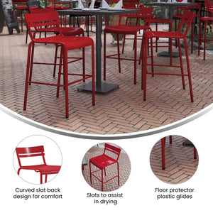 English Elm Nash Commercial Grade Metal Indoor-Outdoor Bar Stool with Slatted Design for Ultimate Comfort Red XU-CH-10318-B-RED-GG