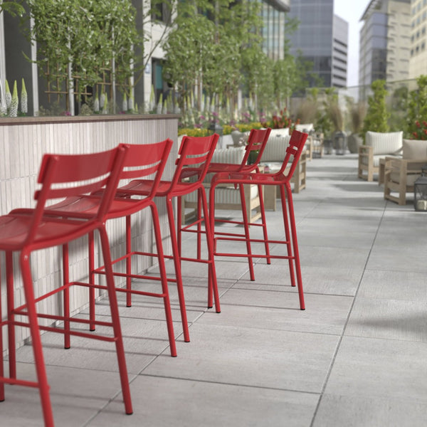English Elm Nash Commercial Grade Metal Indoor-Outdoor Bar Stool with Slatted Design for Ultimate Comfort Red XU-CH-10318-B-RED-GG
