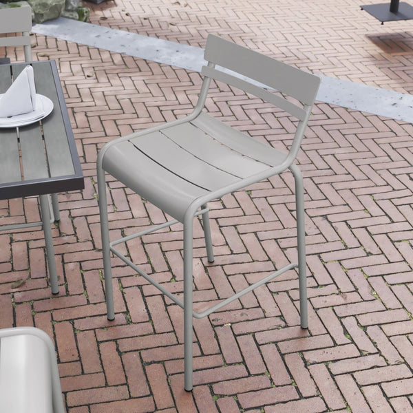 English Elm Nash Commercial Grade Metal Indoor-Outdoor Bar Stool with Slatted Design for Ultimate Comfort Silver XU-CH-10318-B-SIL-GG