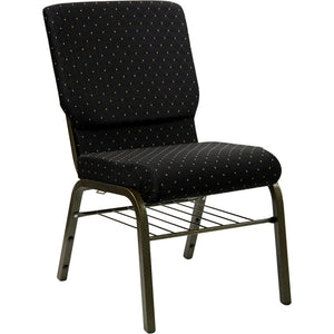 English Elm HERCULES Series 18.5''W Church Chair – Comfortable, Durable Seating with Book Rack & Steel Frame Black Dot Patterned Fabric/Gold Vein Frame XU-CH-60096-BK-BAS-GG