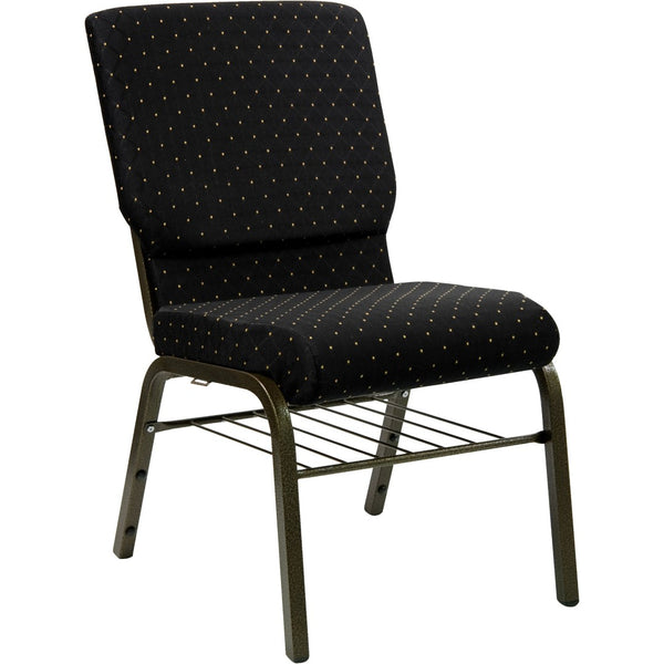 English Elm HERCULES Series 18.5''W Church Chair – Comfortable, Durable Seating with Book Rack & Steel Frame Black Dot Patterned Fabric/Gold Vein Frame XU-CH-60096-BK-BAS-GG